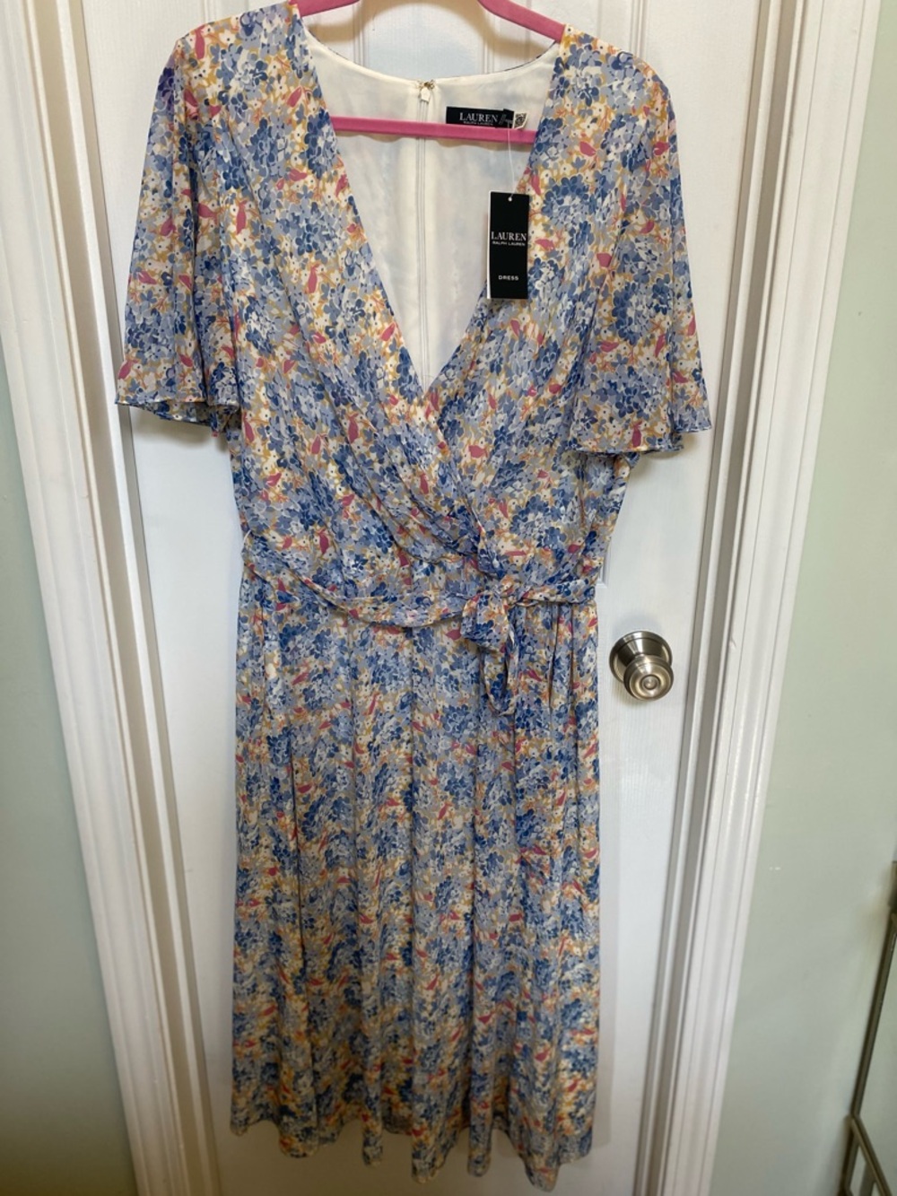 NWT Lauren Ralph Lauren Blue Floral Hydrangea Print Wrap Dress Size 16